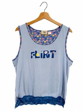 Y2K 725 Originals Blue FLIRT Graphic Tank Top Lace Hem Floral Trim Sleeveless